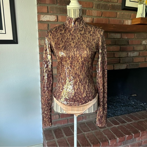 Anthropologie Byron Lars Metallic Sequin Long Sleeve Bodysuit in Bronze Sz 10 - Picture 1 of 7